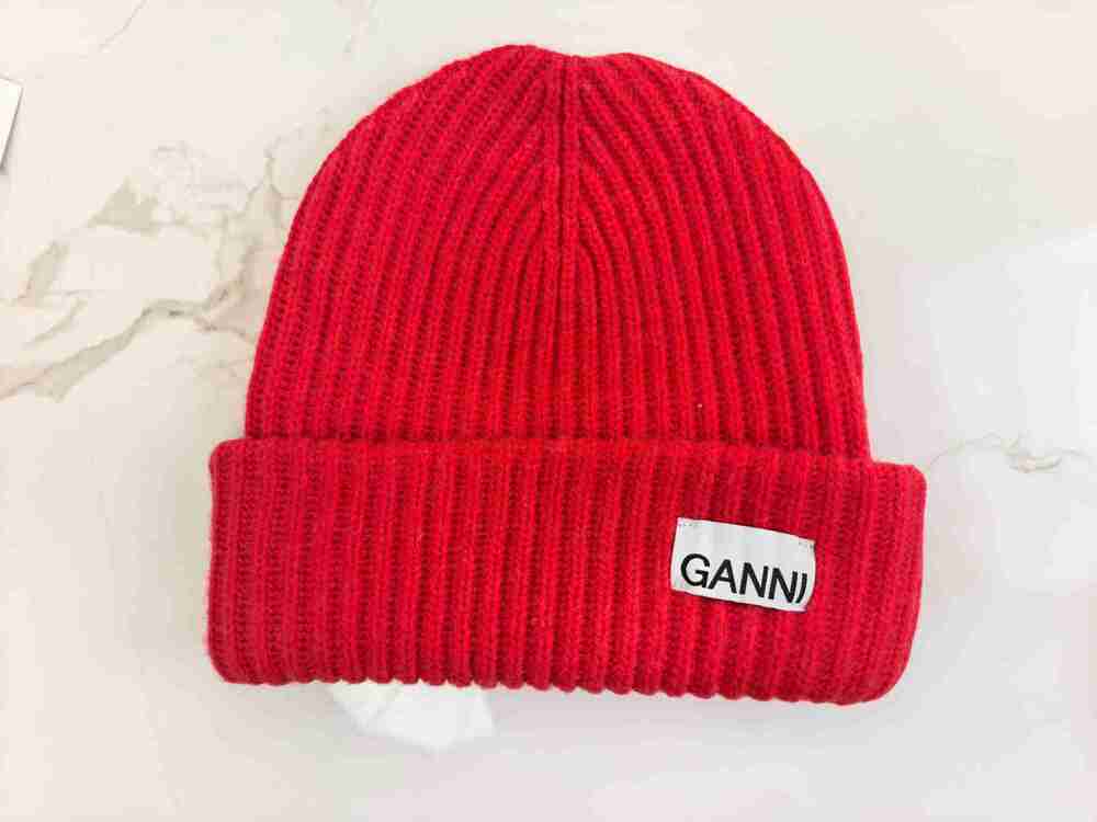 GANNI Red Ribbed Cuff Beanie Signature Woven Logo Tag Knit Hat